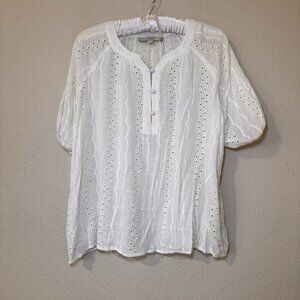 Loft White Eyelet Embroidered Short Sleeve 3 Button Shirt Womens Size Small